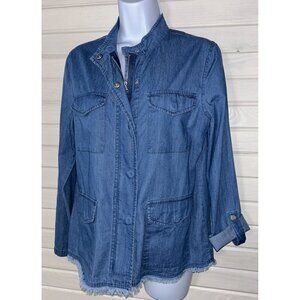Sanctuary Sz XS Blue Chambray Denim Frayed Hem Utility Jacket Pockets EUC